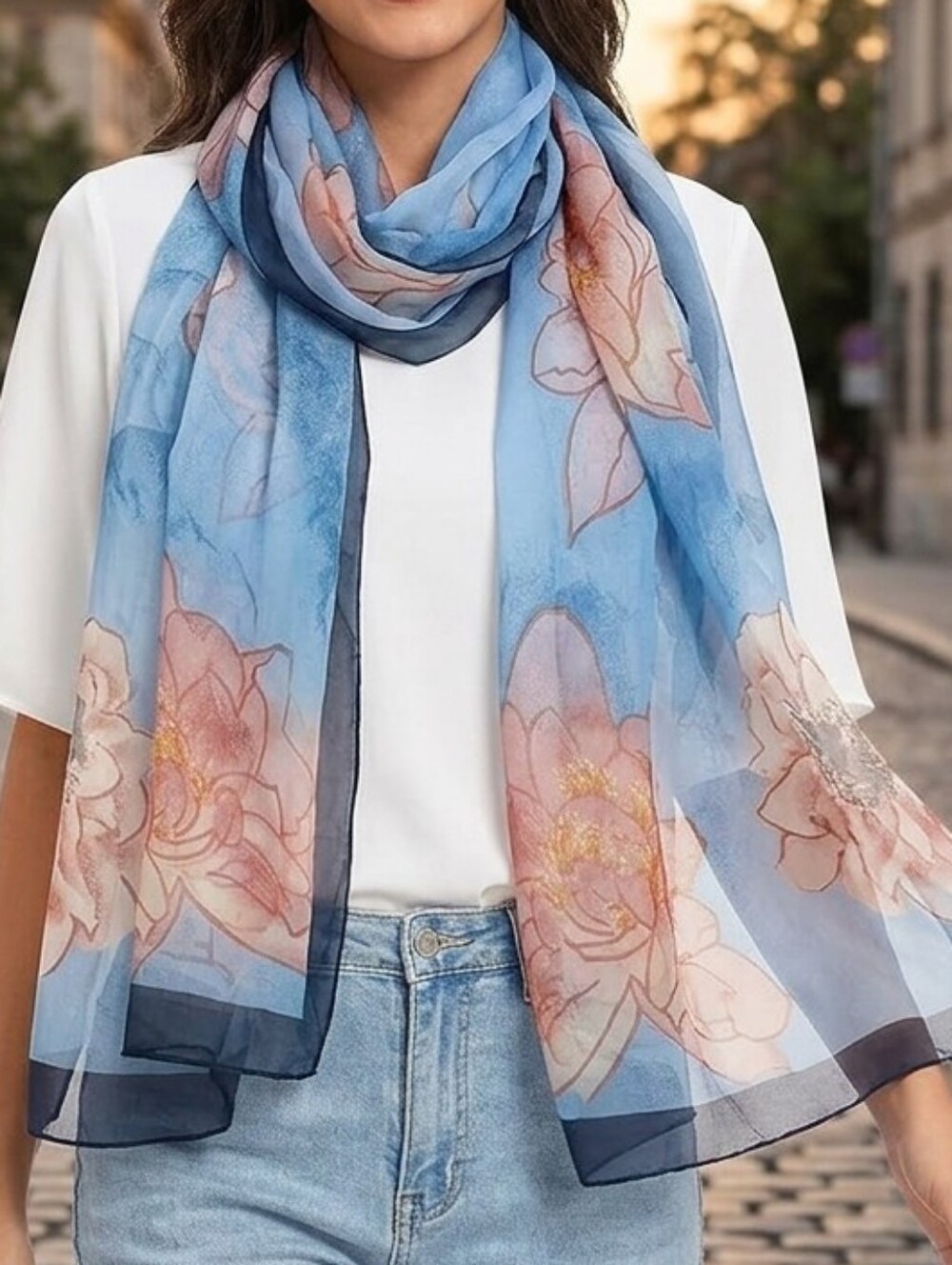 NWT Floral Chiffon Scarf Blue Peach Watercolor Peony Lightweight Shawl 63 × 20 - Picture 4 of 9